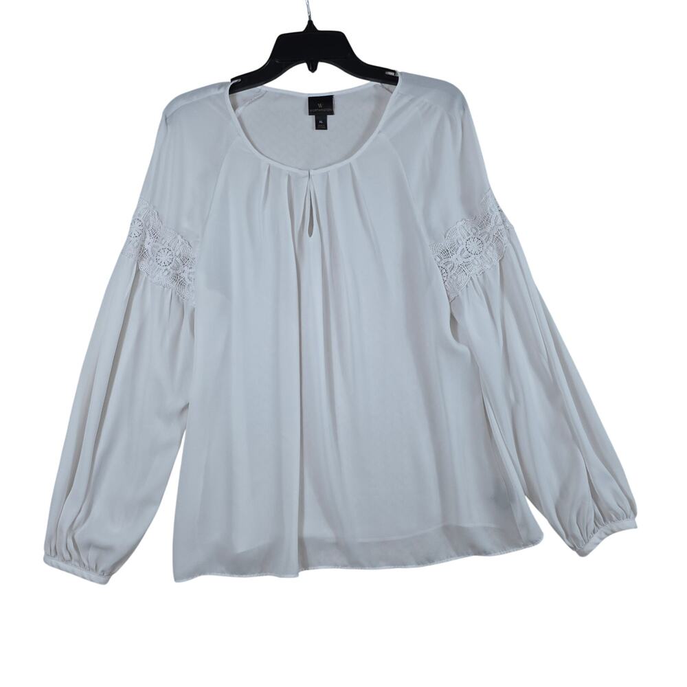 Worthington Blouse Women XL White Sheer Lace Sleeve Boho Peasant Work Casual Top